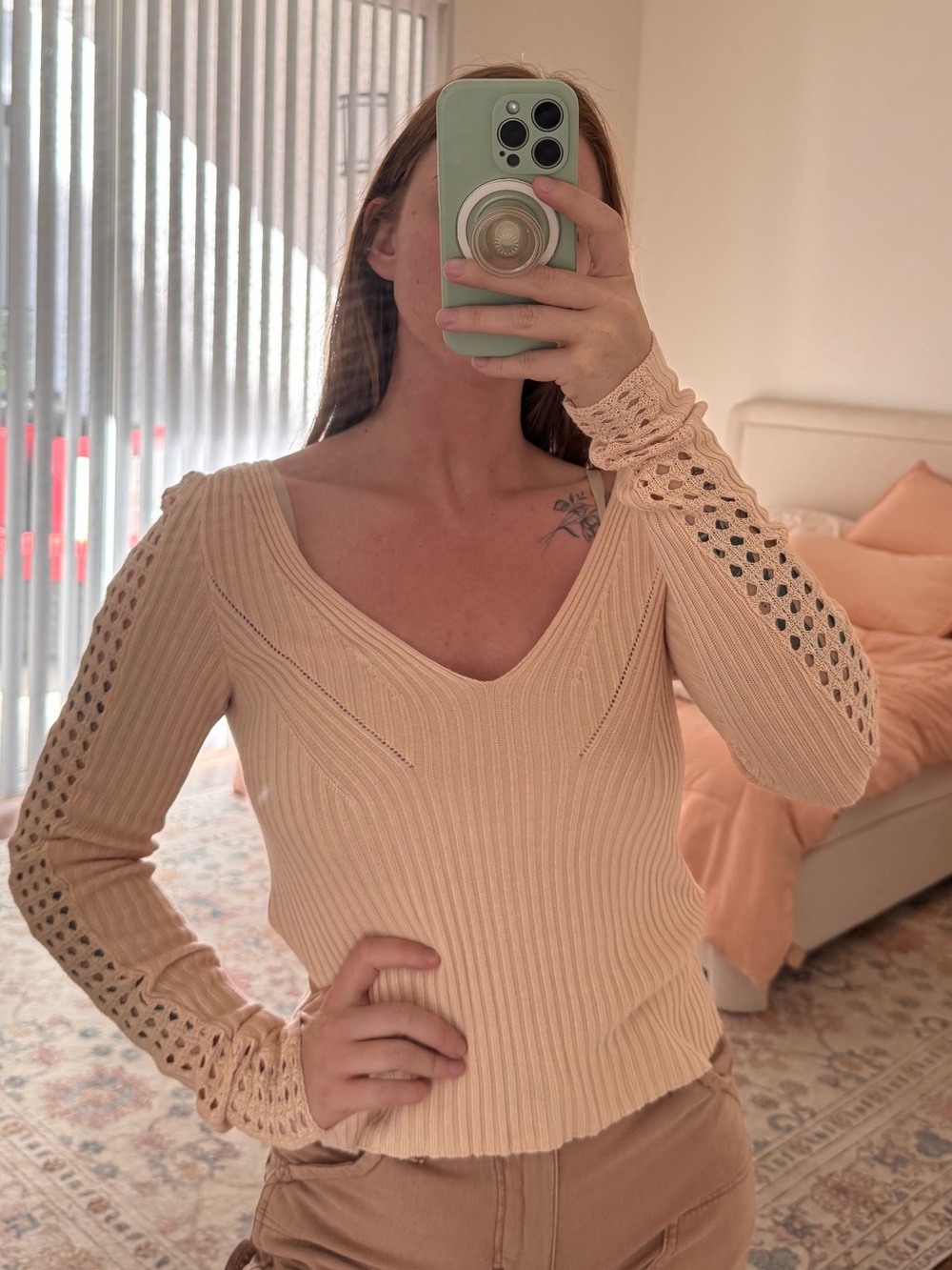 Free People Light Blush Open-Knit V-Neck Sweater